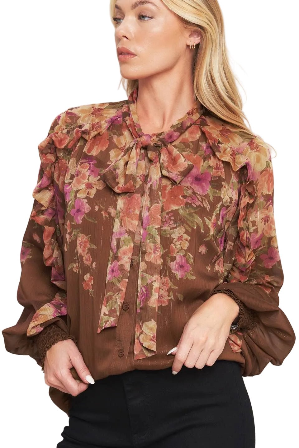 Brown Floral Tie Neck Blouse - Chatsworth Boutique