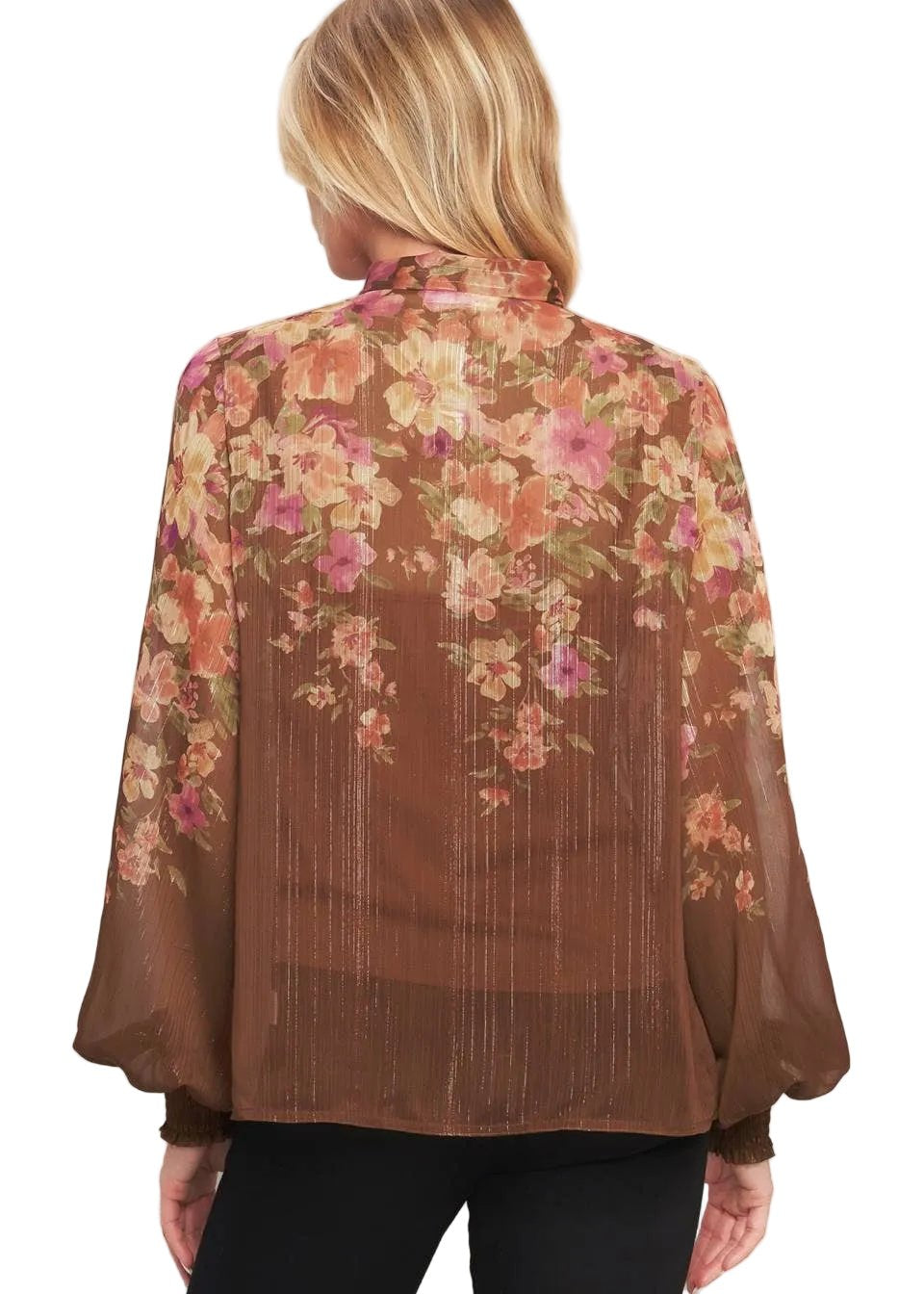 Brown Floral Tie Neck Blouse - Chatsworth Boutique