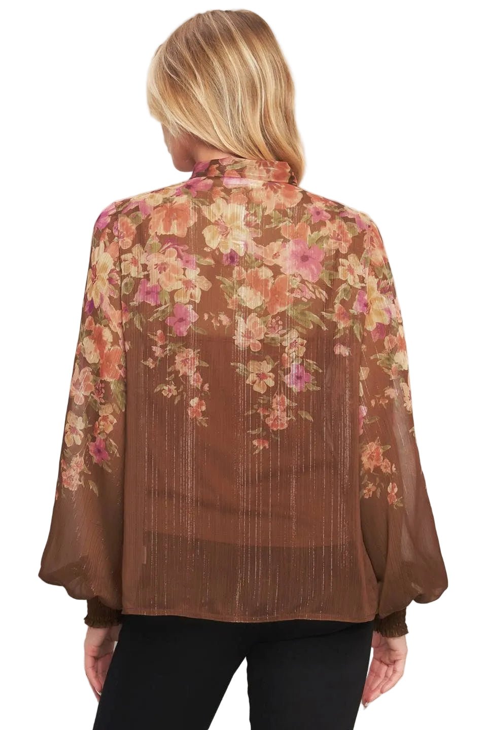 Brown Floral Tie Neck Blouse - Chatsworth Boutique
