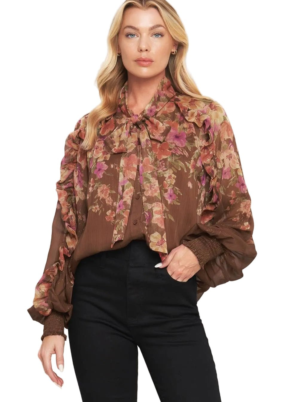 Brown Floral Tie Neck Blouse - Chatsworth Boutique
