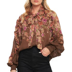 Brown Floral Tie Neck Blouse - Chatsworth Boutique