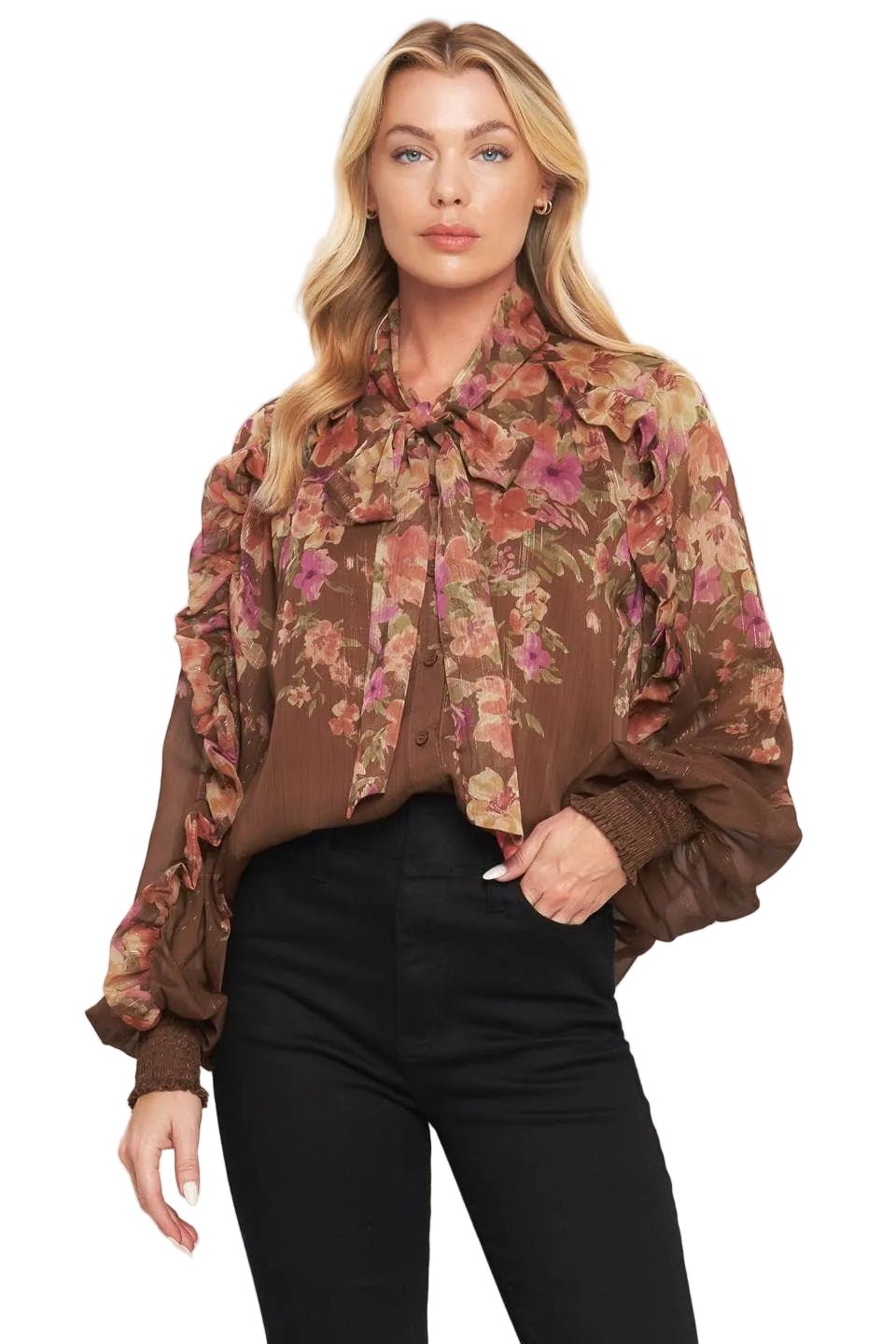 Brown Floral Tie Neck Blouse - Chatsworth Boutique