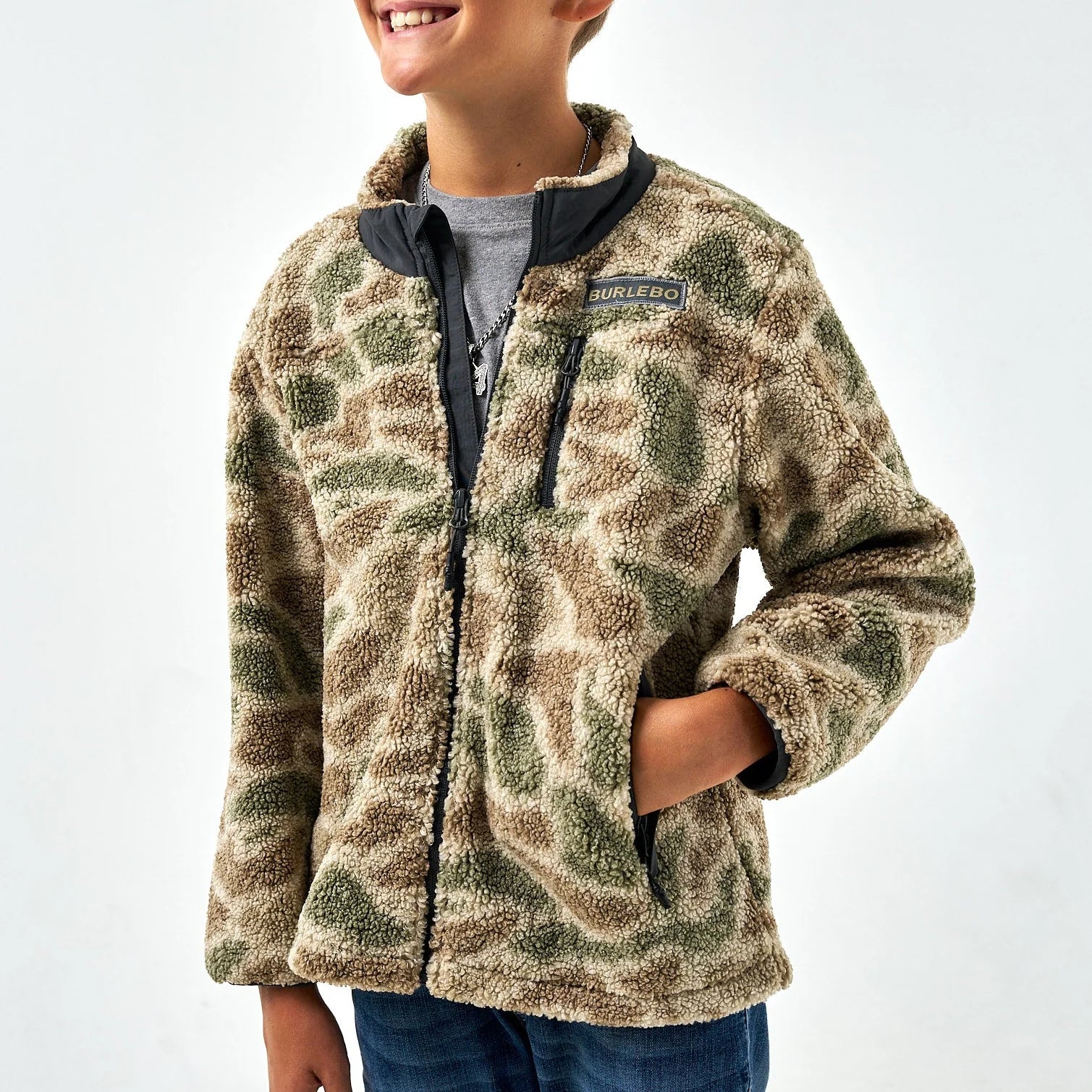 Youth Sherpa Full Zip Jacket Alpine Camo, Burlebo - worn on model