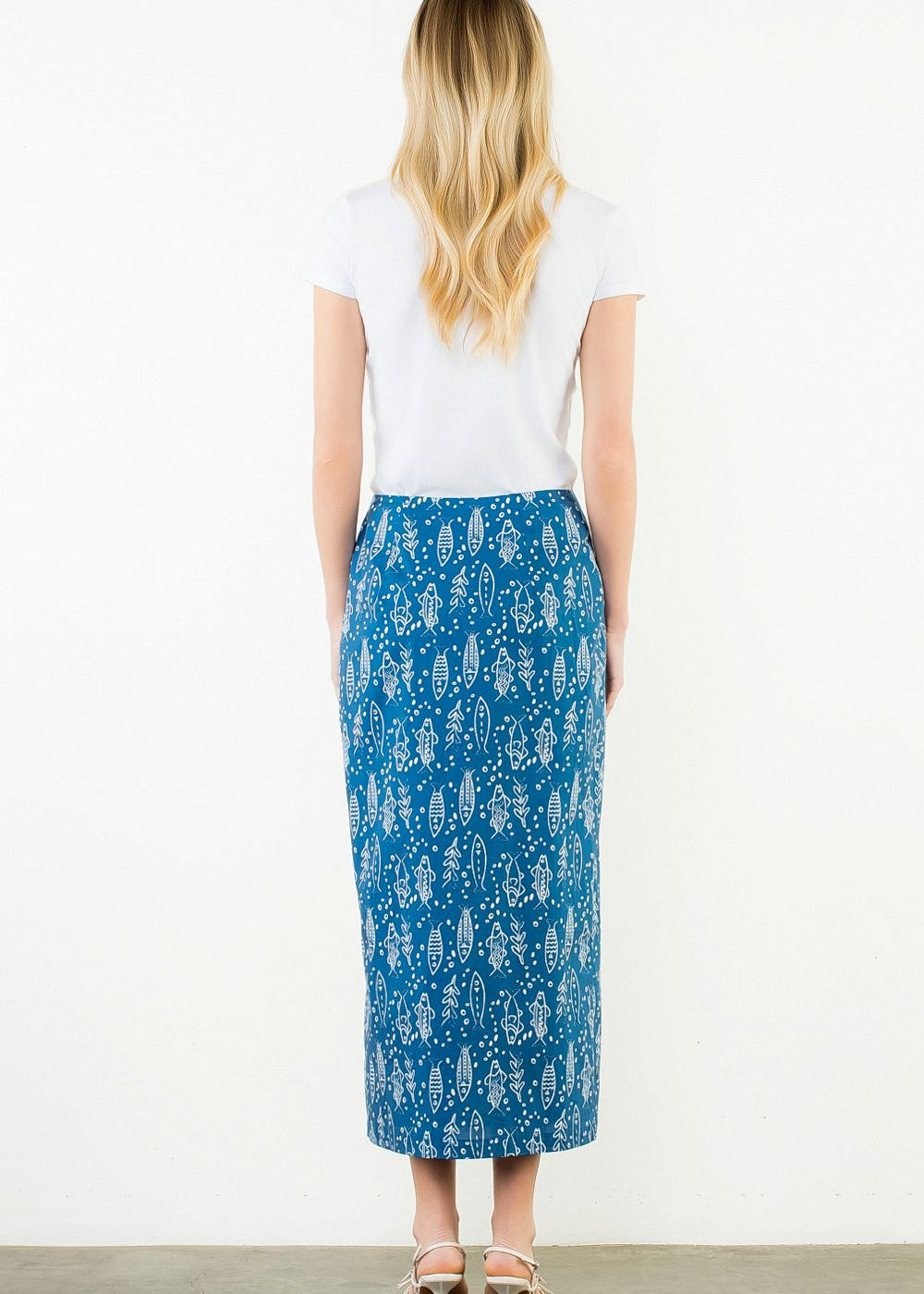 Front view of the Button Detail Fish Skirt by THML, showing the side slit and button detail, from Chatsworth Boutique.