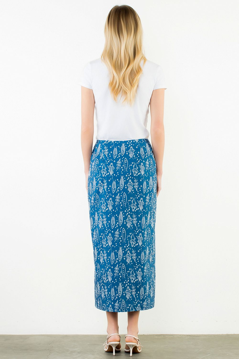 Front view of the Button Detail Fish Skirt by THML, showing the side slit and button detail, from Chatsworth Boutique.