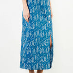 Another front view of the Button Detail Fish Skirt by THML, highlighting the blue and white fish print, from Chatsworth Boutique.