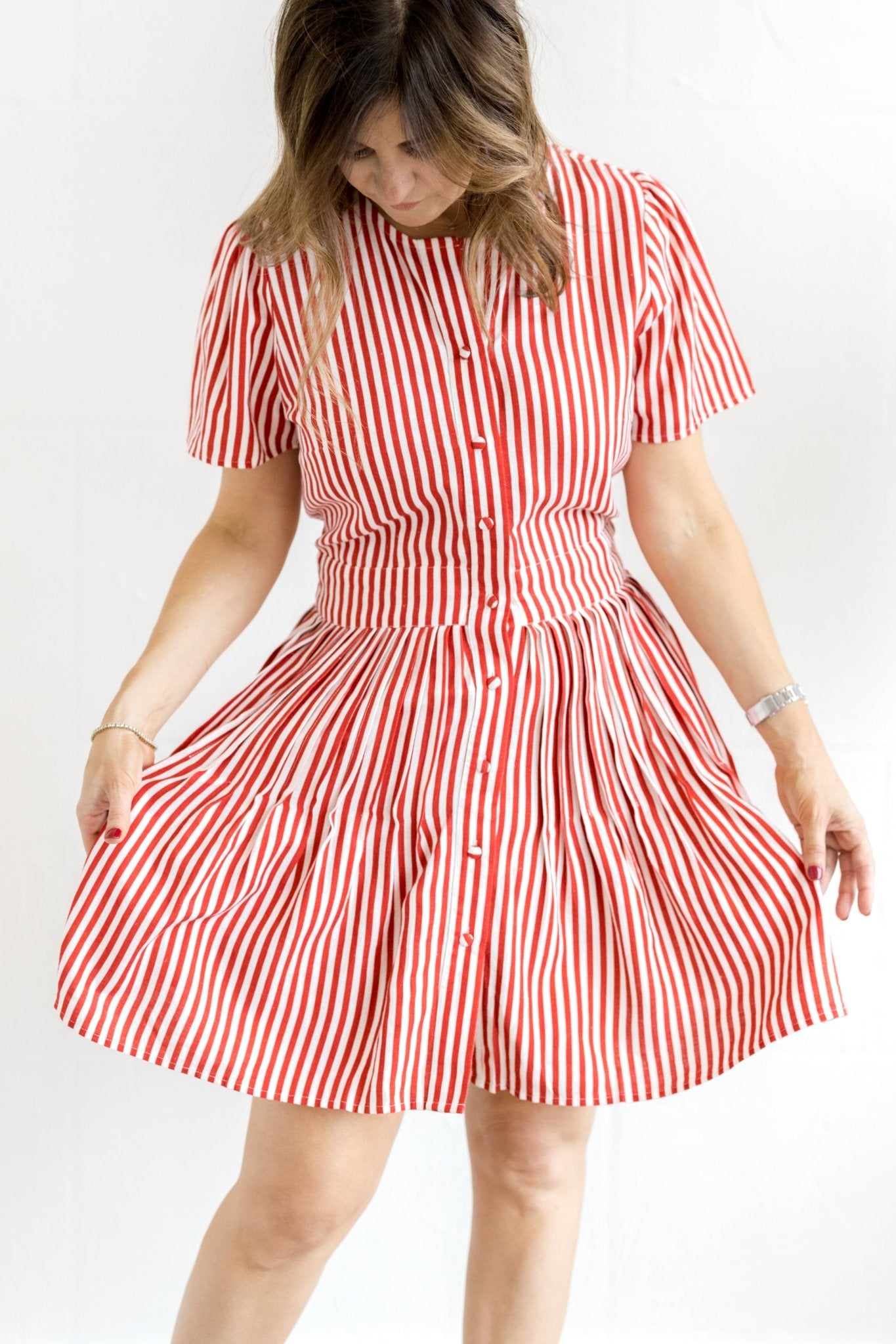 Button Front Cinched Dress Red/White - Chatsworth Boutique