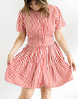 Button Front Cinched Dress Red/White - Chatsworth Boutique