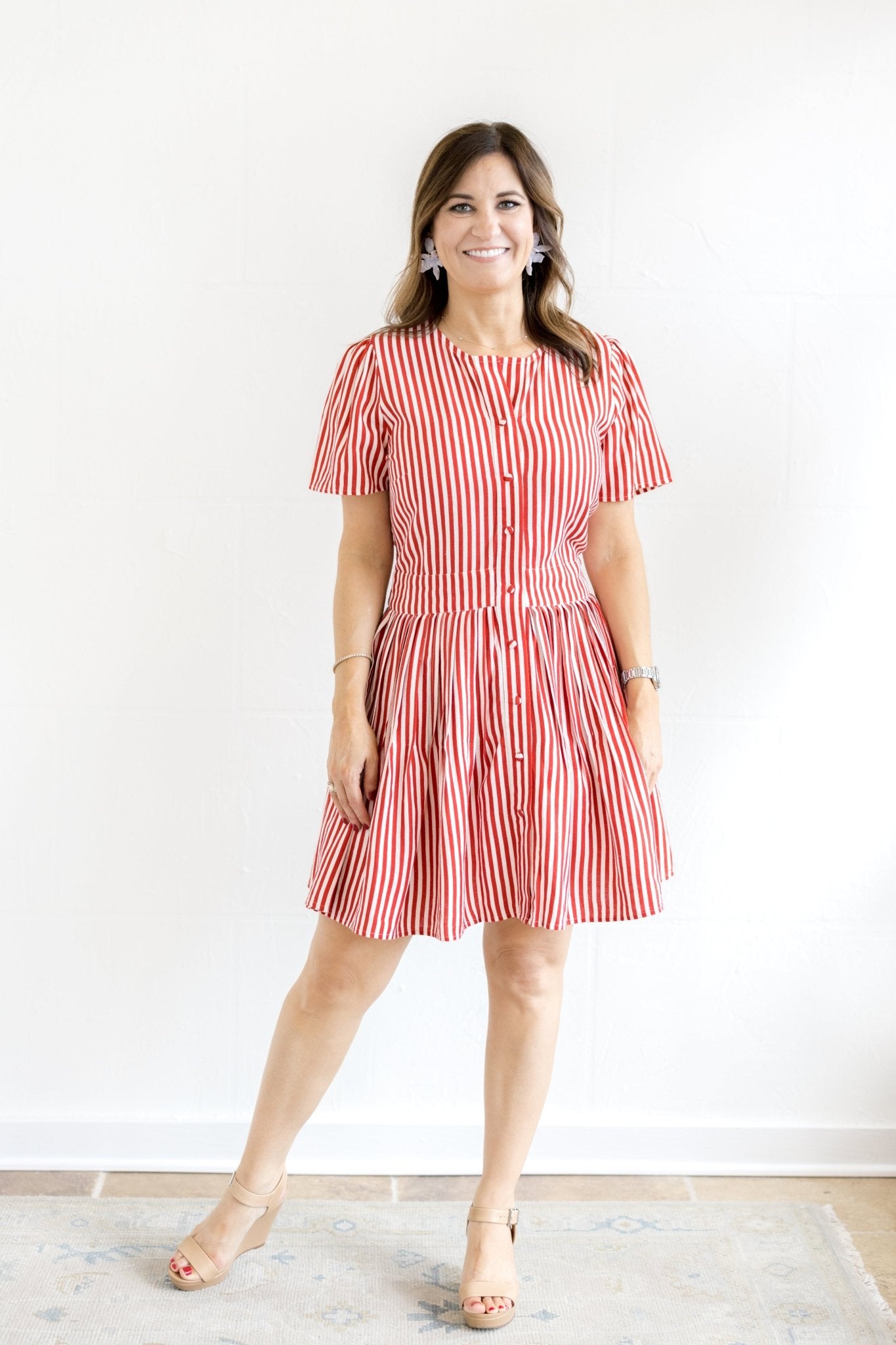 Button Front Cinched Dress Red/White stripes - Chatsworth Boutique