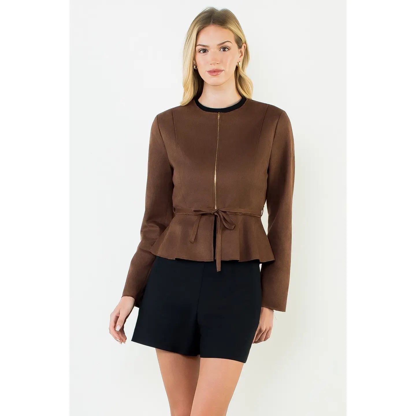 Chocolate Suede Short Jacket, Styled - THML