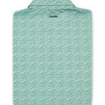 Flat lay back view of the Caddie Greens Polo, showing the golf course green micro print, from Chatsworth Boutique in Fairhope, Alabama.