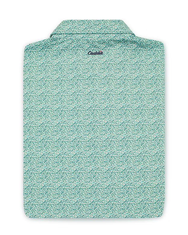 Flat lay back view of the Caddie Greens Polo, showing the golf course green micro print, from Chatsworth Boutique in Fairhope, Alabama.