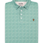 Flat lay front view of the Caddie Greens Polo, featuring a photographic golf course green micro print, from Chatsworth Boutique in Fairhope, Alabama.