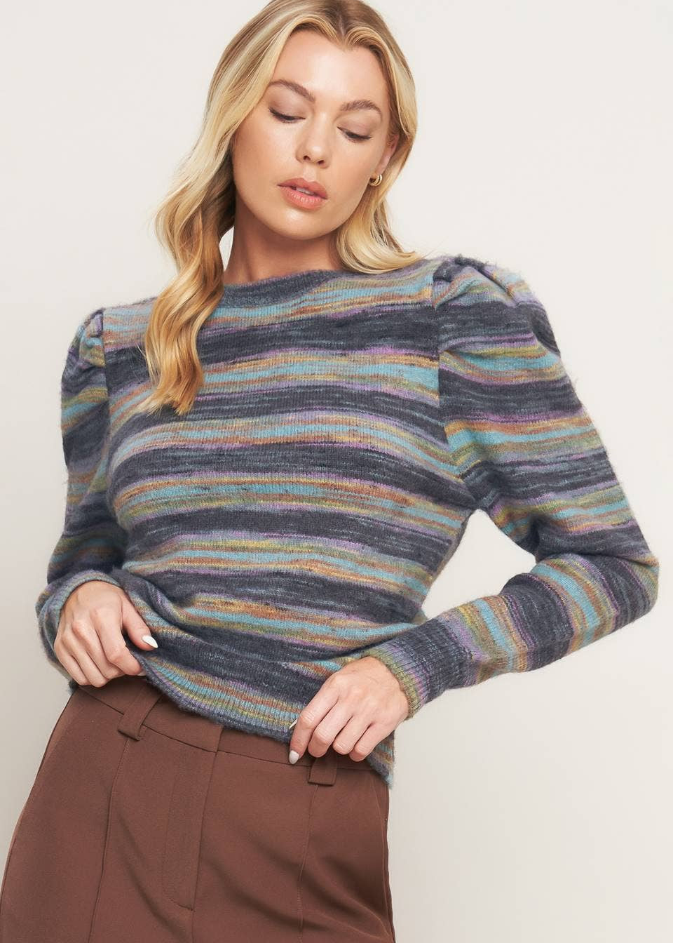 Charcoal Stripe Puff Sweater - Chatsworth Boutique