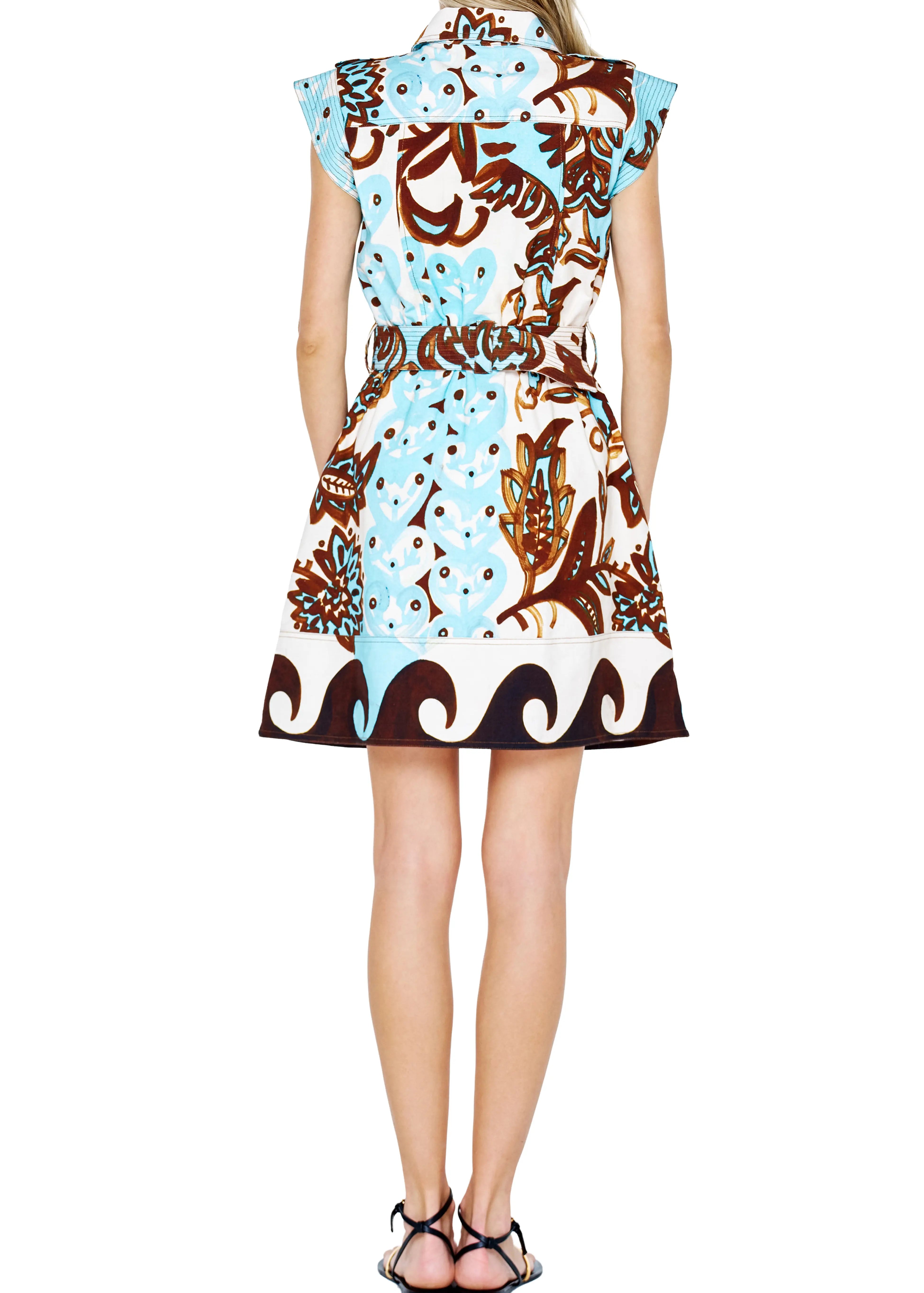 Back view of the Chocolate/Teal Mini Dress by Ciebon, showing the belted waist and wave-pattern hem detail, from Chatsworth Boutique.