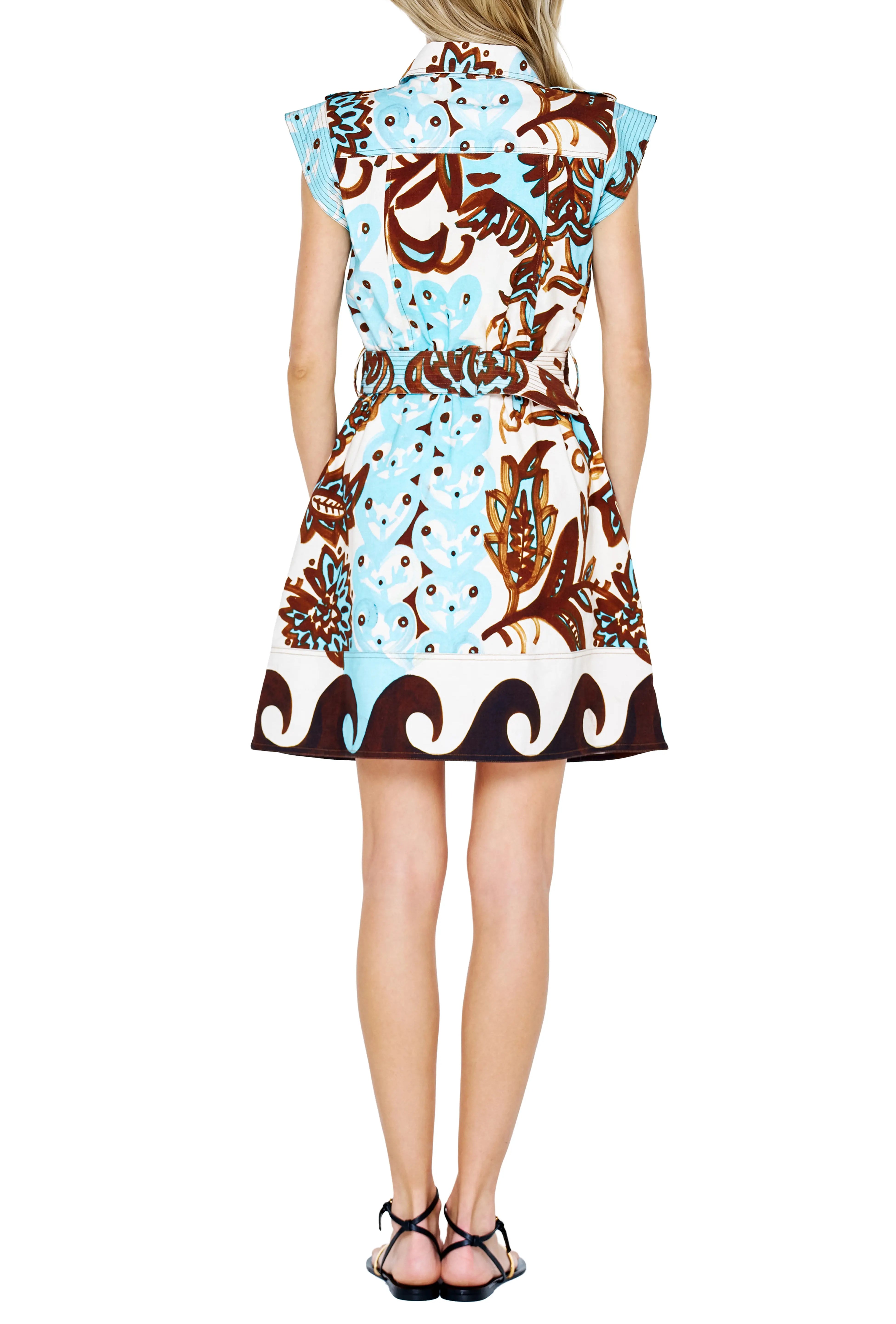 Back view of the Chocolate/Teal Mini Dress by Ciebon, showing the belted waist and wave-pattern hem detail, from Chatsworth Boutique.