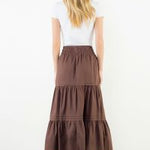 Front view of the Chocolate Tiered Midi Skirt by THML, showing the tiered silhouette, from Chatsworth Boutique.