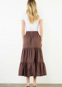 Front view of the Chocolate Tiered Midi Skirt by THML, showing the tiered silhouette, from Chatsworth Boutique.