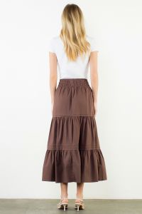 Front view of the Chocolate Tiered Midi Skirt by THML, showing the tiered silhouette, from Chatsworth Boutique.