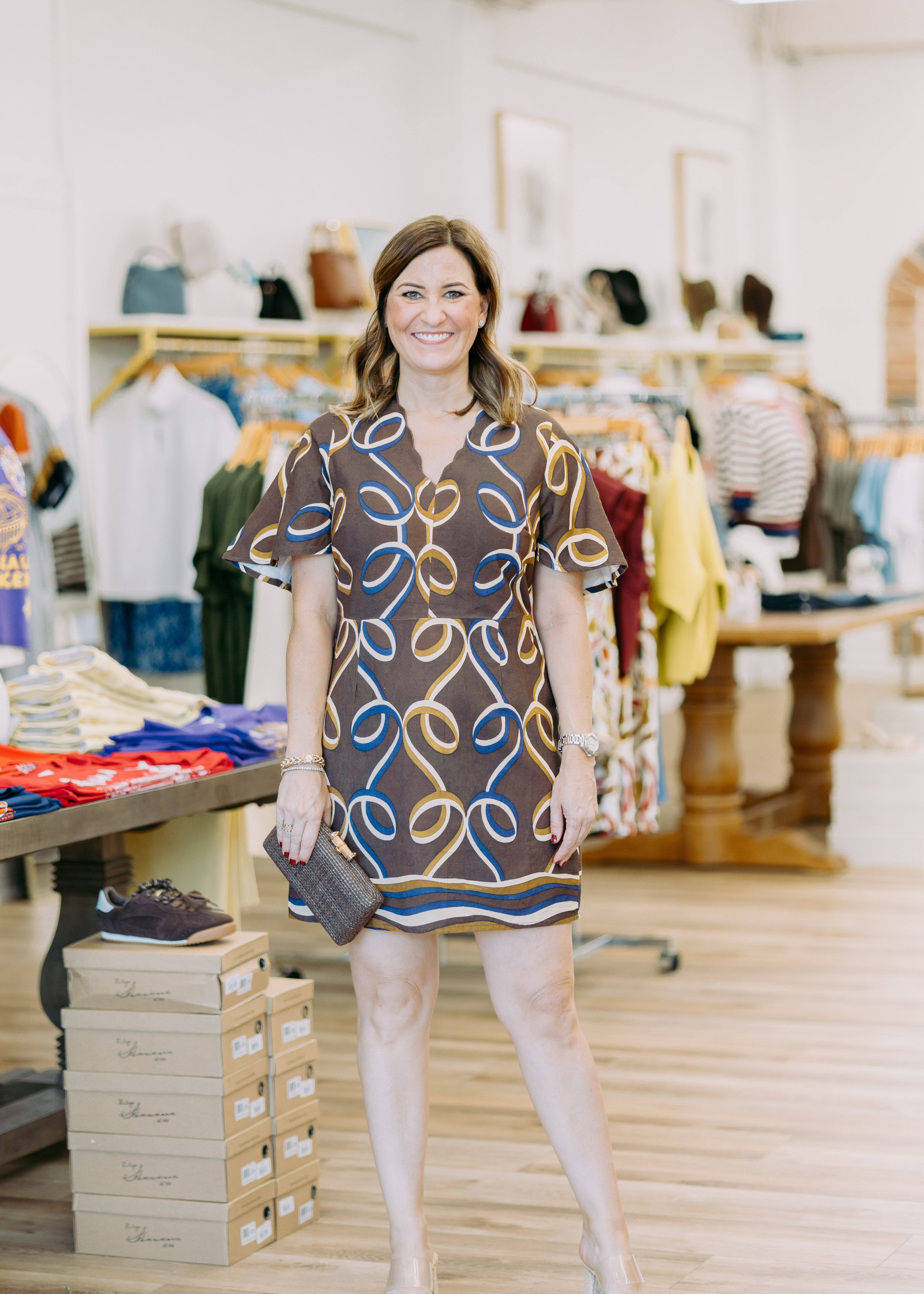 Ribbon Print Brown Mini Dress, Ciebon - worn on model, second view