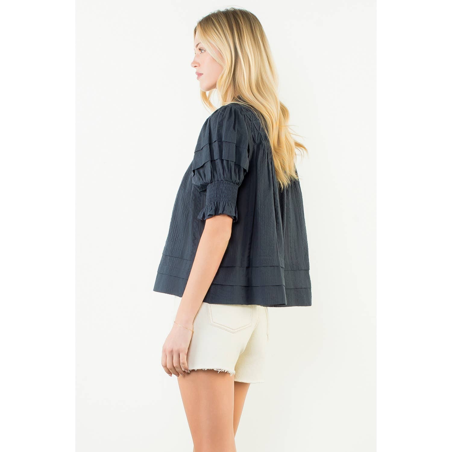 Crinkle Detail Top Navy - Chatsworth Boutique
