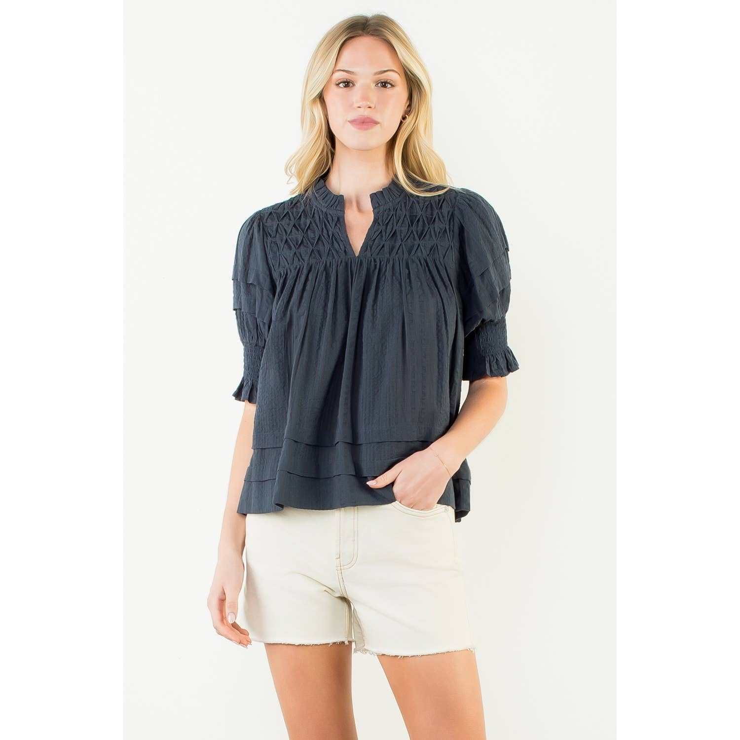Crinkle Detail Top Navy - Chatsworth Boutique