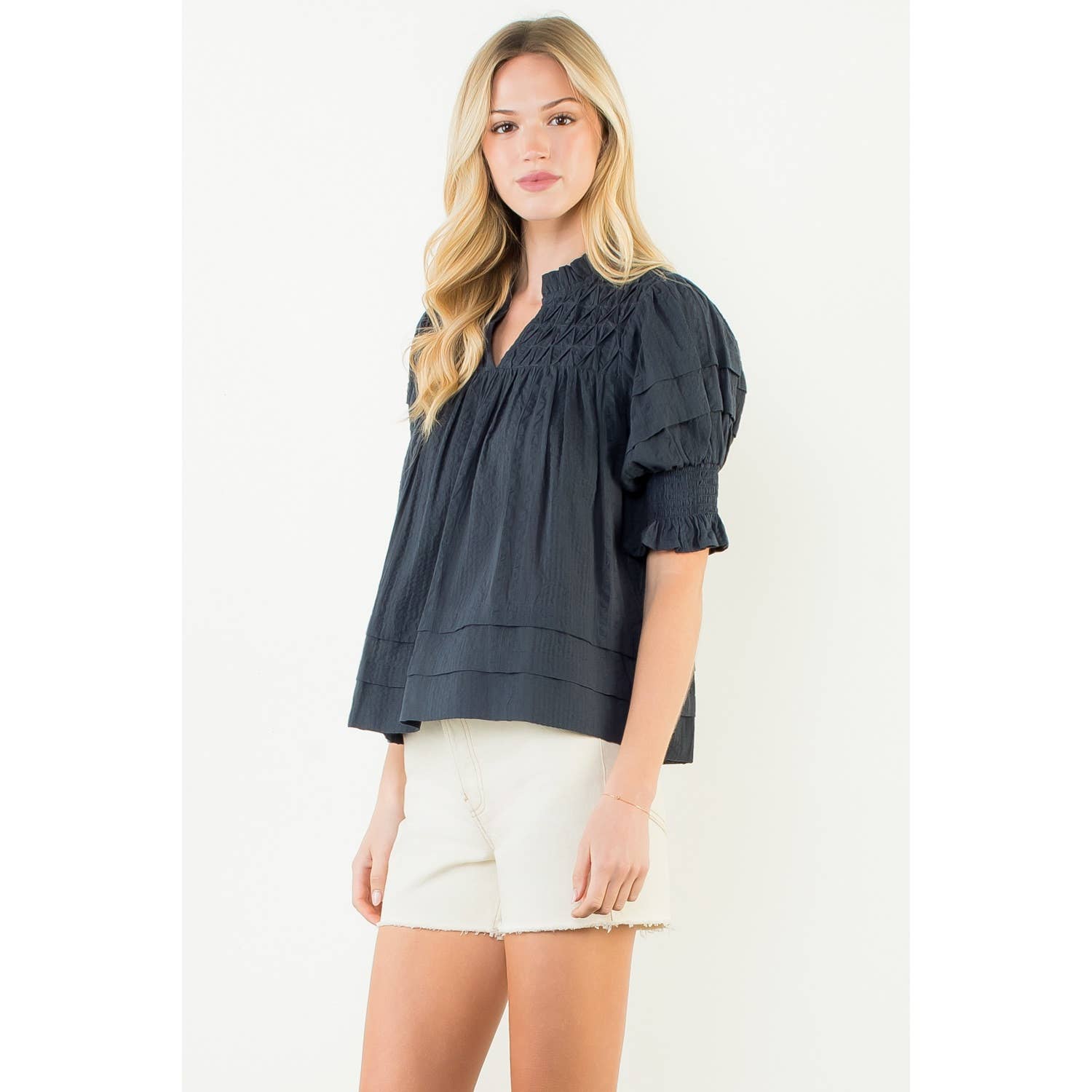 Crinkle Detail Top Navy - Chatsworth Boutique