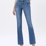 High rise stretch slim bootcut jeans in medium dark wash, women's denim