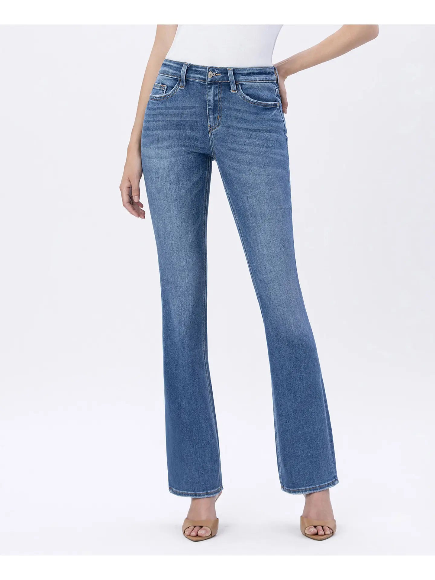 High rise stretch slim bootcut jeans in medium dark wash, women's denim