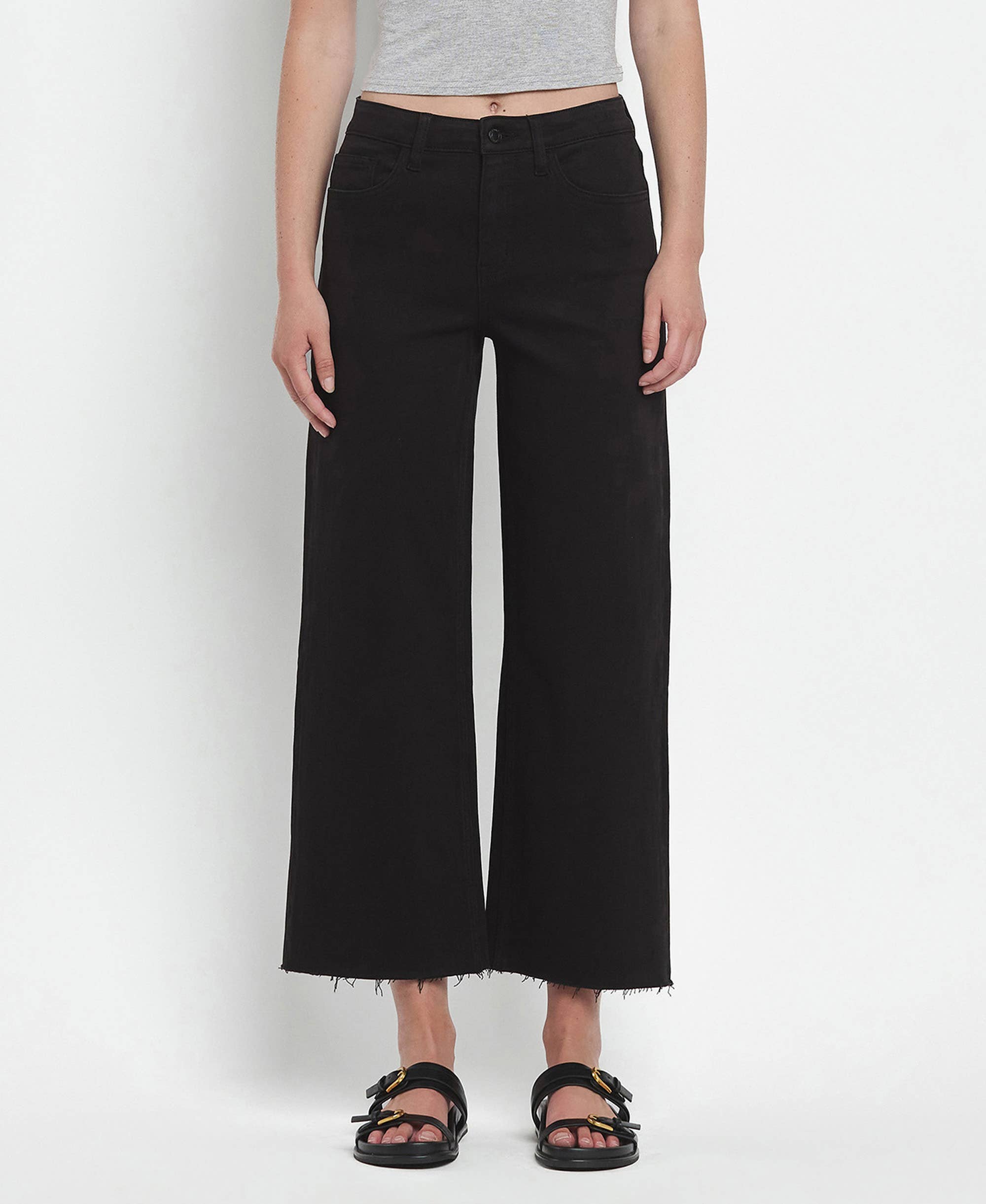 high rise wide leg frayed bottom denim jeans