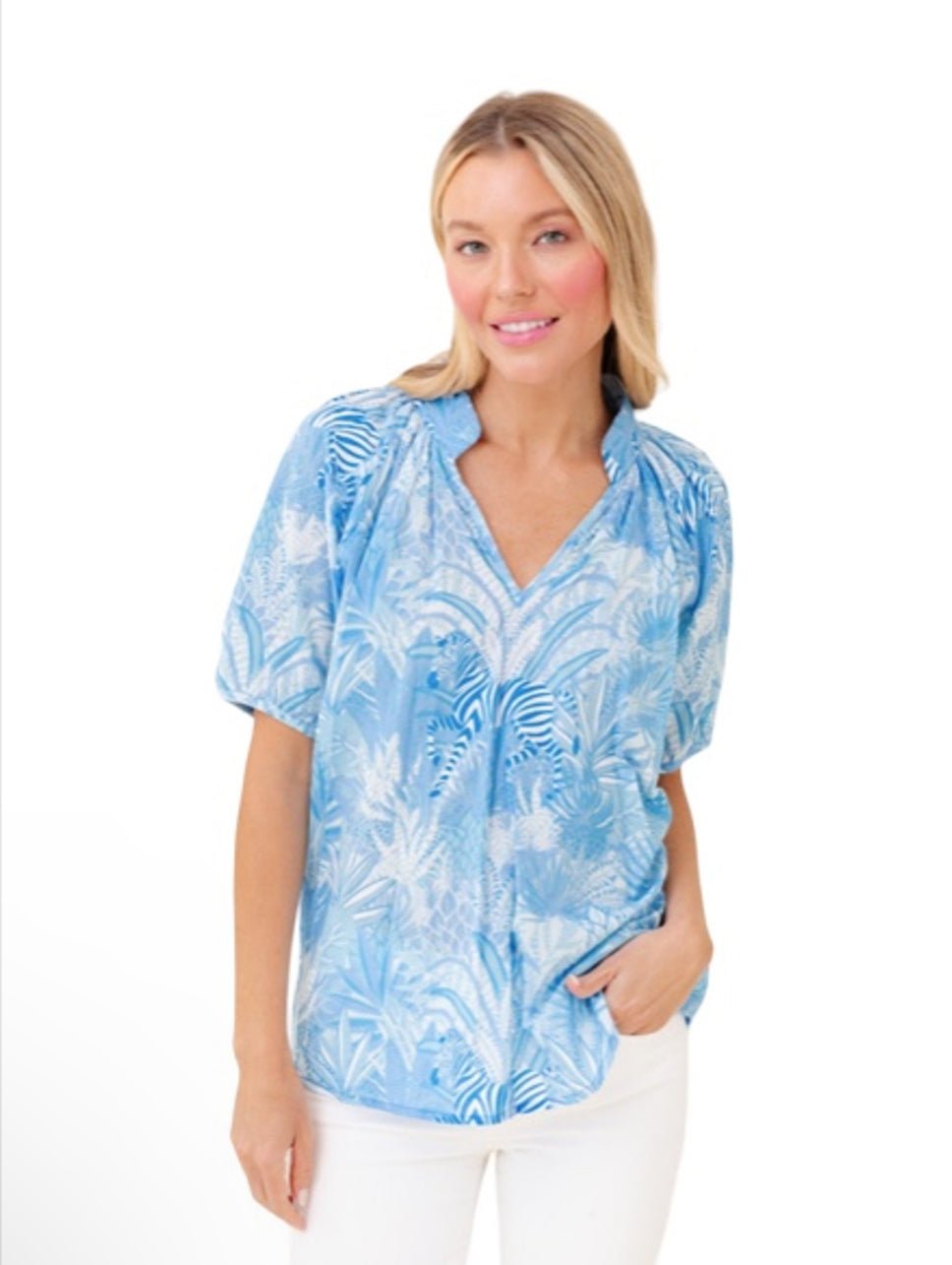 Dana Blouse in French Blue Zebra - Chatsworth Boutique