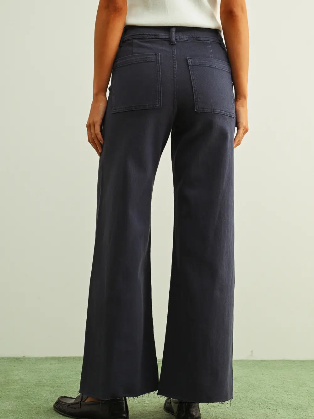 Straight Wide Leg Denim, Navy, Detail - Miou Muse