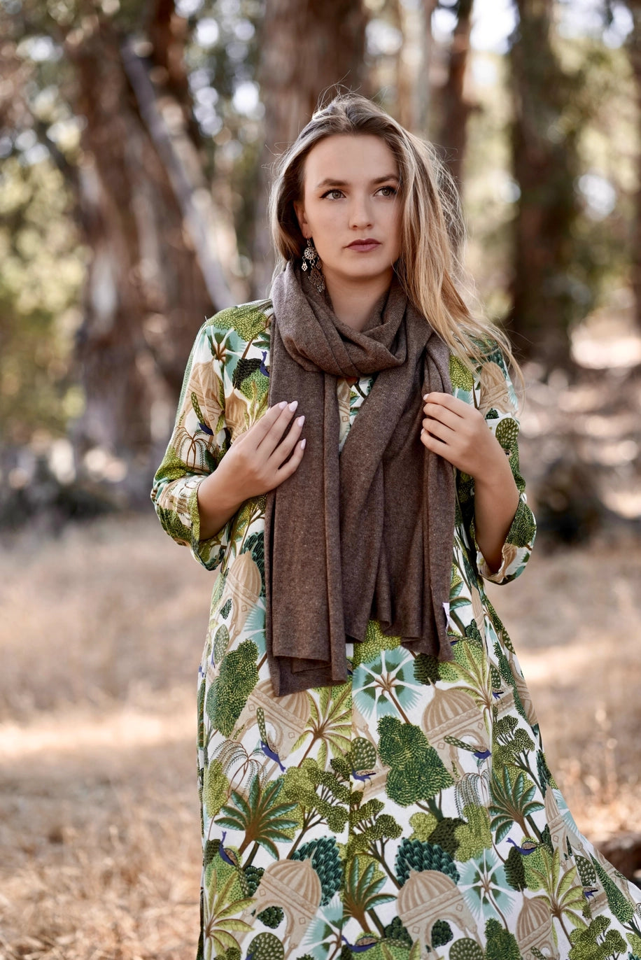 100% cashmere wrap in chocolate, front view - Chatsworth Boutique