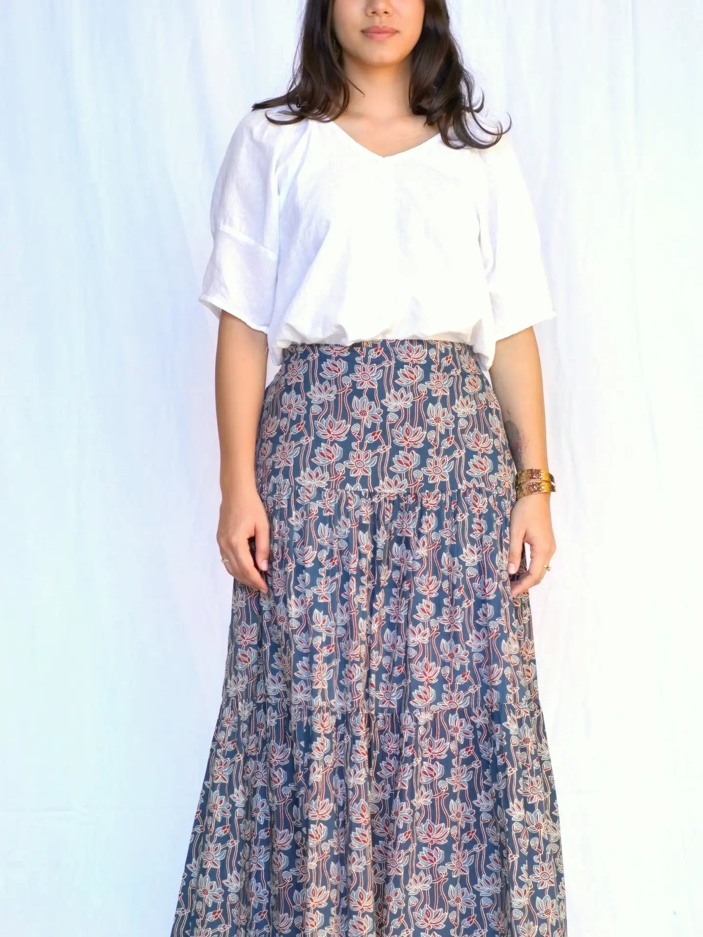 Indigo Tiered Maxi Skirt, Dolma - back view
