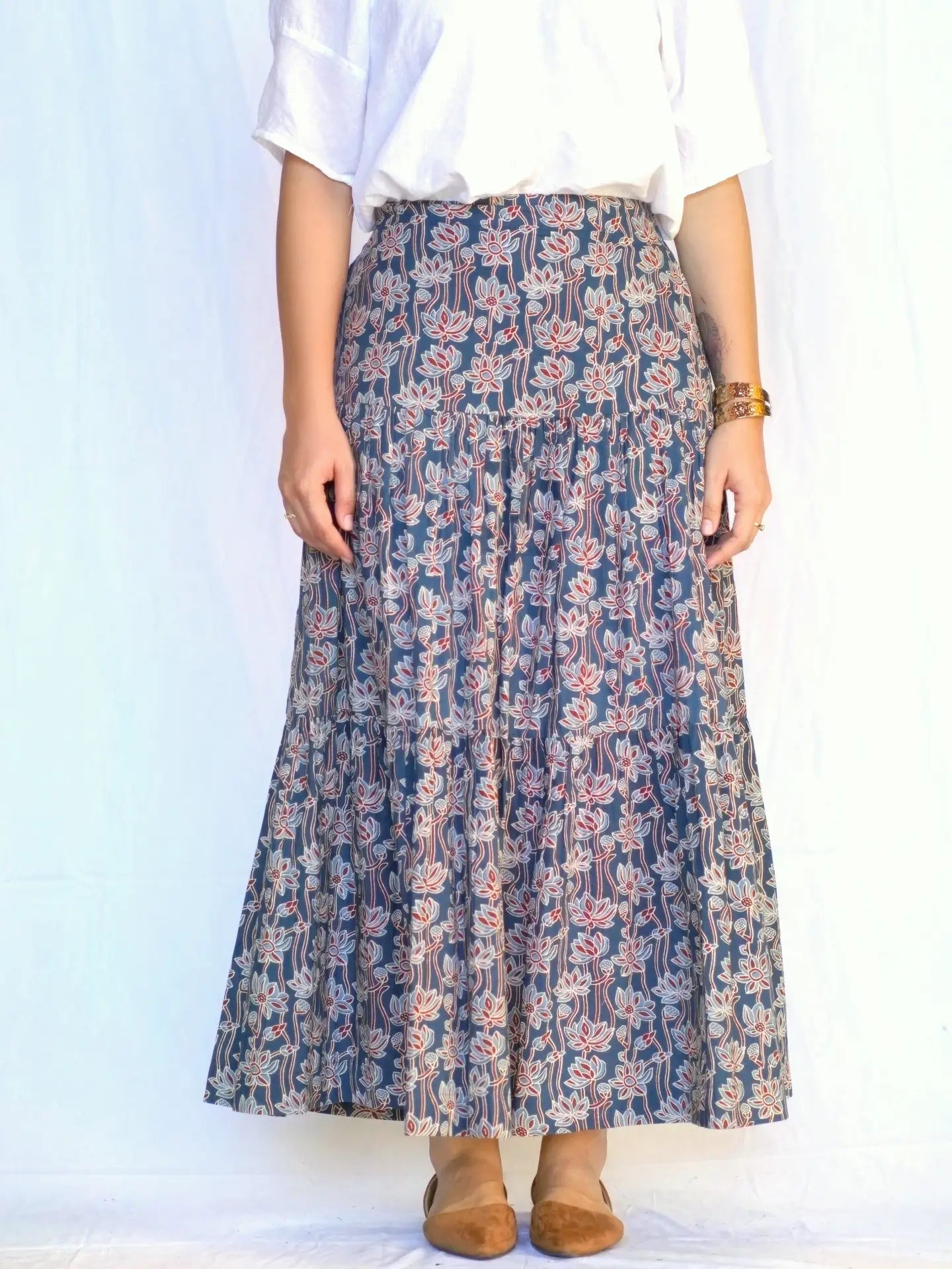 Indigo Tiered Maxi Skirt, Dolma - print detail