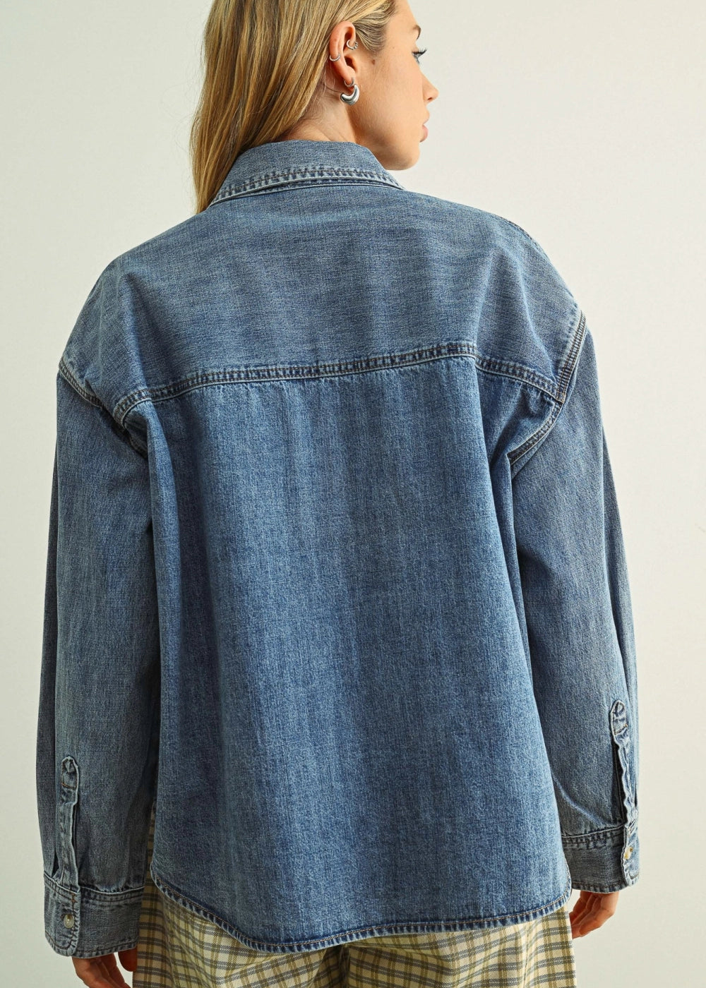 Denim Button Down Blouse, Detail - Miou Muse