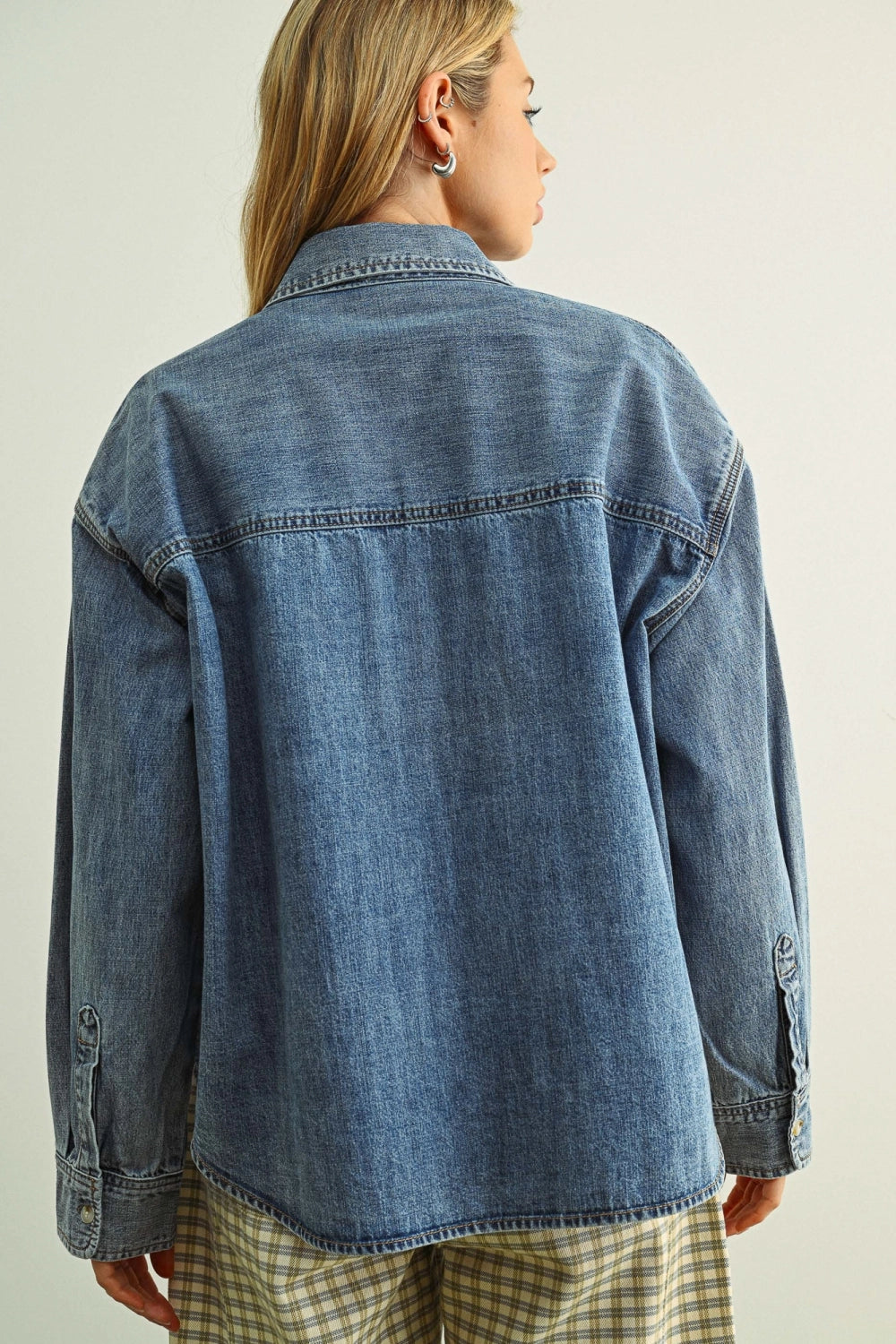 Denim Button Down Blouse, Detail - Miou Muse