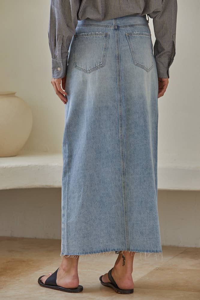 Lt blue denim skirt back pockets and frayed hem