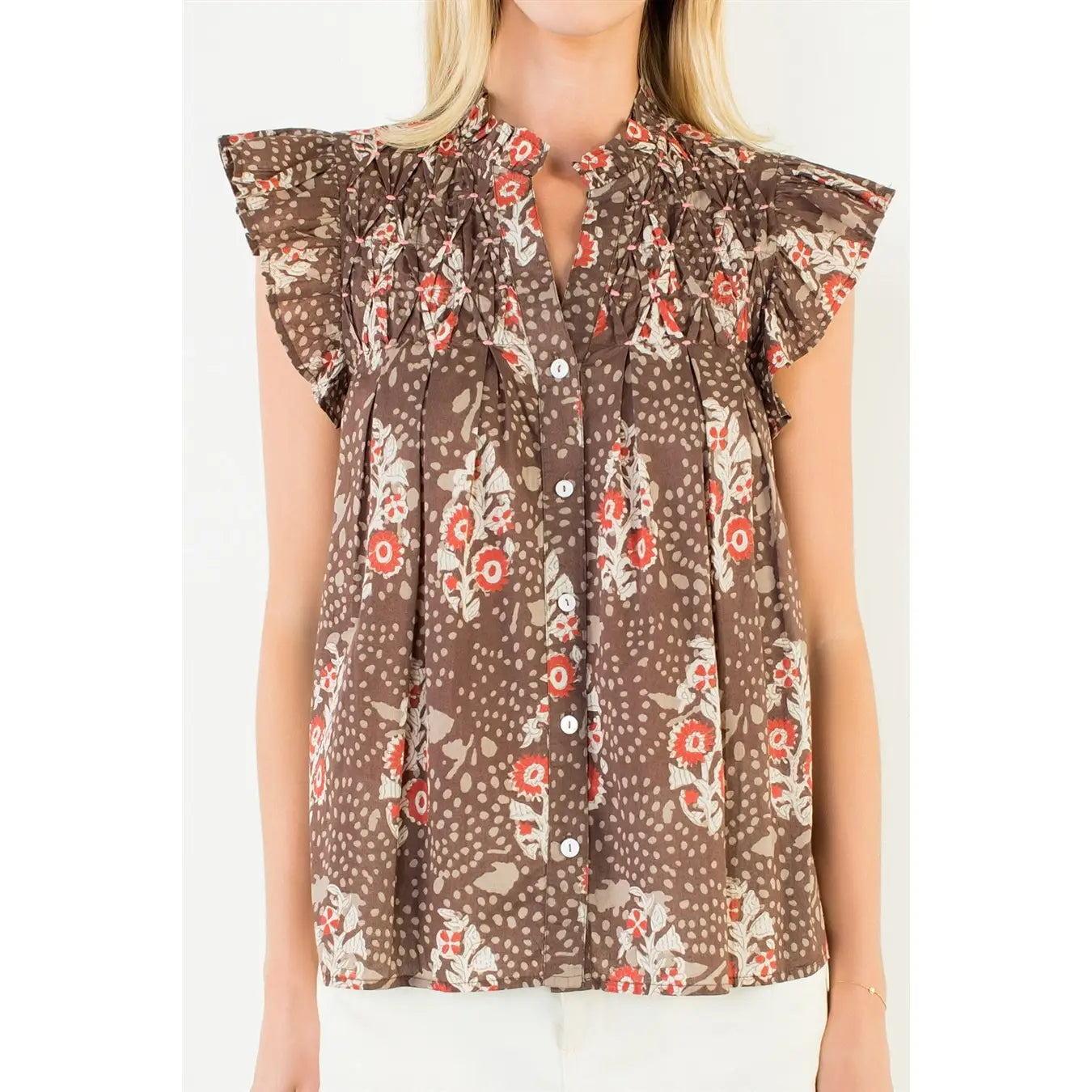 Brown Flutter Sleeve Button Top - THML