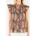Brown Flutter Sleeve Button Top - THML