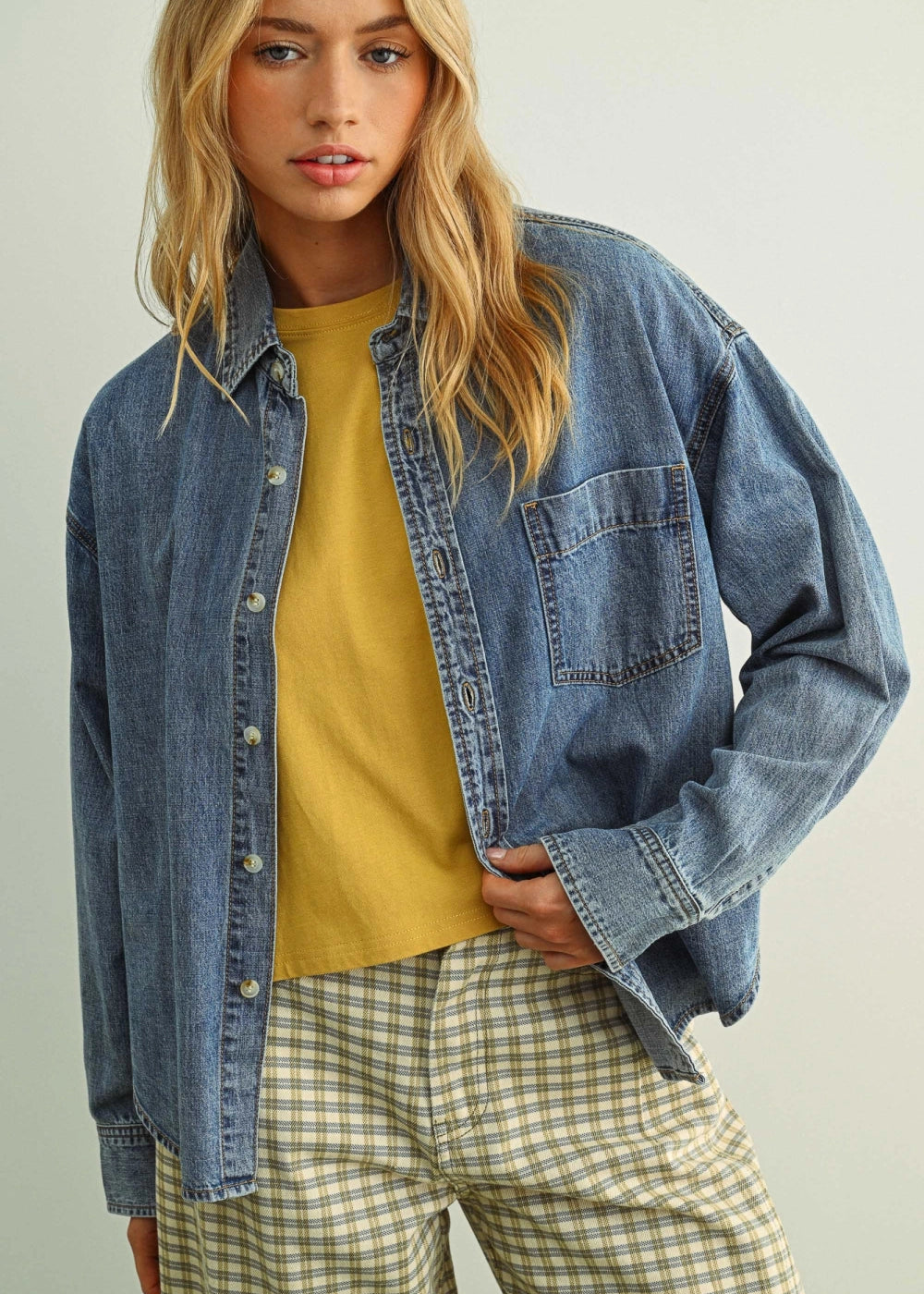 Denim Button Down Blouse - Miou Muse