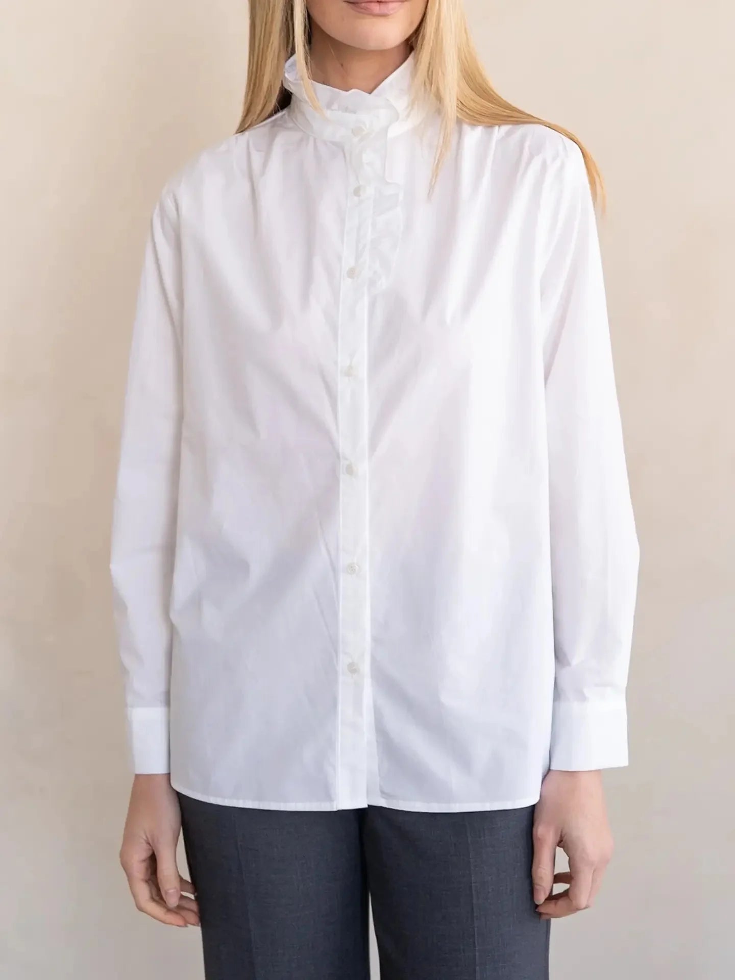 White Ruffle Collar Blouse by Elle Grey, long sleeve cotton button-front blouse - Chatsworth Boutique, Fairhope Alabama