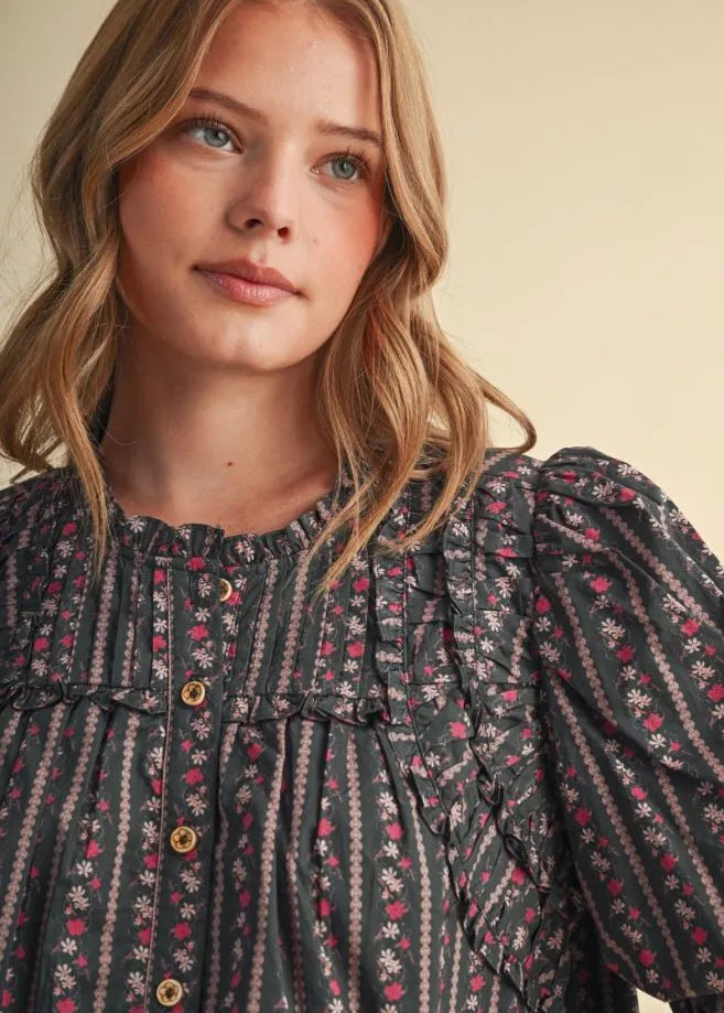 Floral Shirring Yoke Neck Blouse, En Merci - detail photo