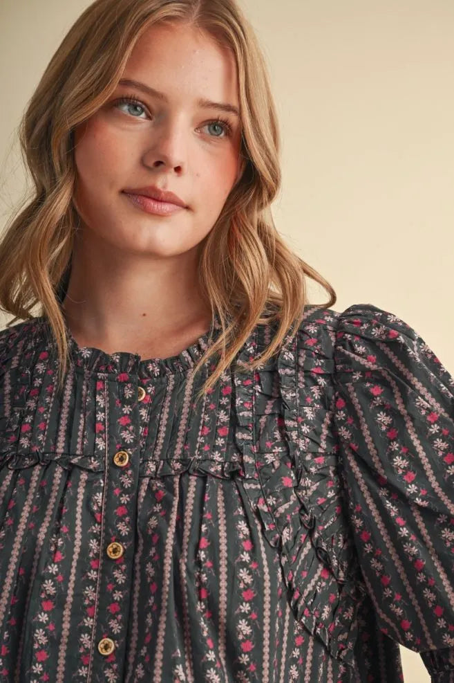 Floral Shirring Yoke Neck Blouse, En Merci - detail photo