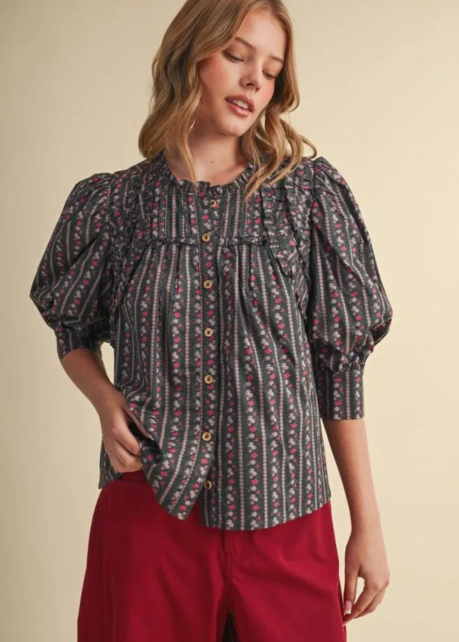 Floral Shirring Yoke Neck Blouse, En Merci - front view