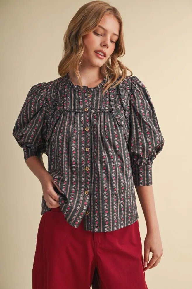 Floral Shirring Yoke Neck Blouse, En Merci - front view