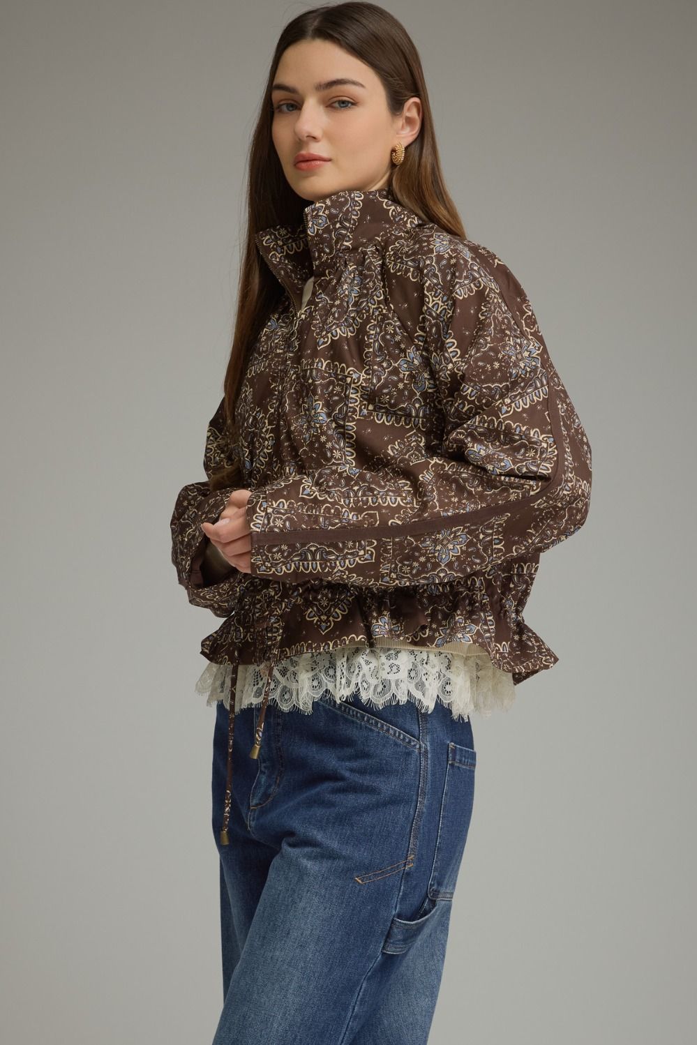 Brown/Blue Paisley Zip Jacket by Entro, stand collar with drawstring waist, view 2