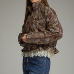 Brown/Blue Paisley Zip Jacket by Entro, stand collar with drawstring waist, view 2