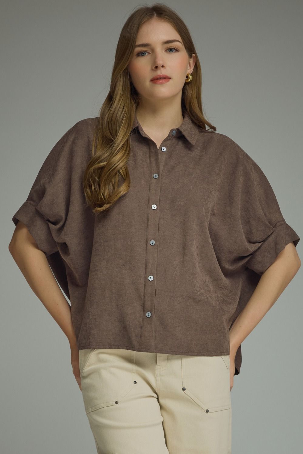 Chocolate Suede Feel Blouse by Entro - Chatsworth Boutique, Fairhope Alabama
