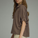 Chocolate Suede Feel Blouse by Entro, dolman sleeve button front top, view 2